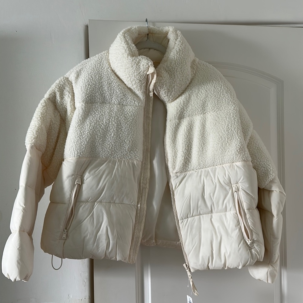 Old Navy White Fleece Down Puffer Coat